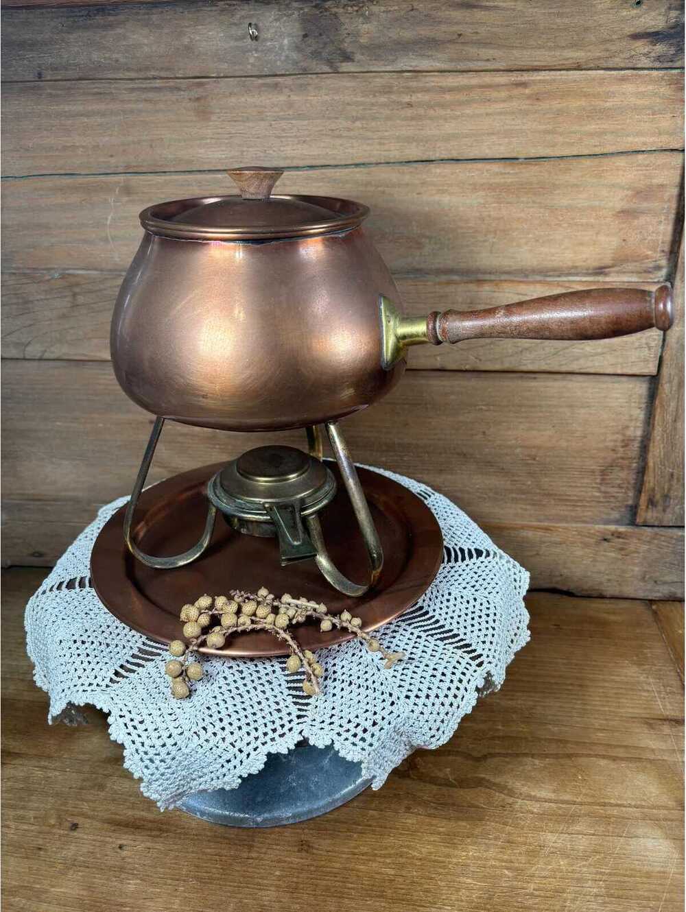 Vintage Copper Fondue Set, Mid Century Brass Stand Serveware, Portugal Made